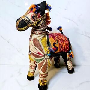 Patchwork Indian Folk Art Horse Embroidered Fabric Tassels Vintage Decor
